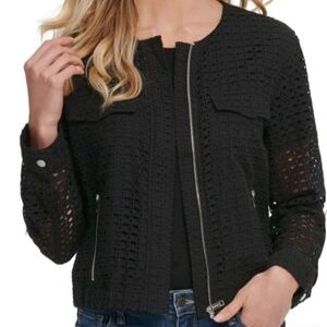 DKNY CROCHETED EYELET WOMEN'S BLACK FULL ZIP JACKET SIZE US L, ROLL-TAB SLEEVE